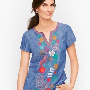 Talbots Blue Chambray Tropical  Embroidered Blouse